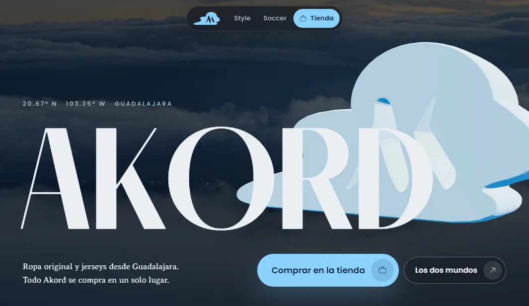 Portada de Mundo Akord: la palabra AKORD sobre un cielo nublado y una nube en 3D