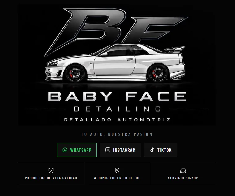 Página de Baby Face Detailing con su logo, un auto deportivo y botones de WhatsApp, Instagram y TikTok
